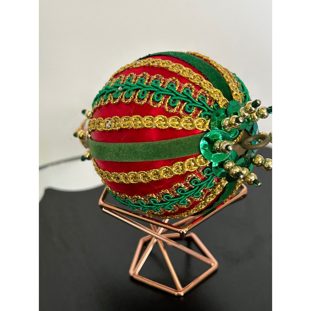 Christmas Ornament Push Pin Red Green Gold Beaded Sequin Ribbon Collectible